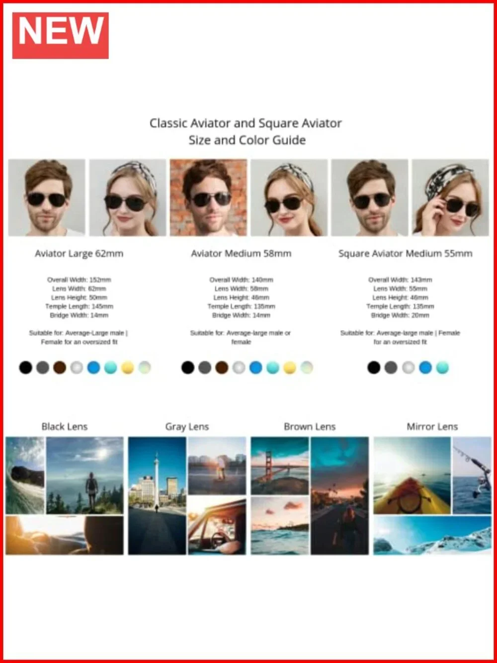 Classic Square Aviator Sunglasses, Polarized, UV Protection